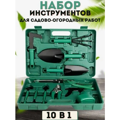 Набор садовых инструментов 10 в 1 для прополки и посадки растений в зеленом кейсе Набор садовых инструментов 10 в 1 для прополки и посадки растений в зеленом кейсе
