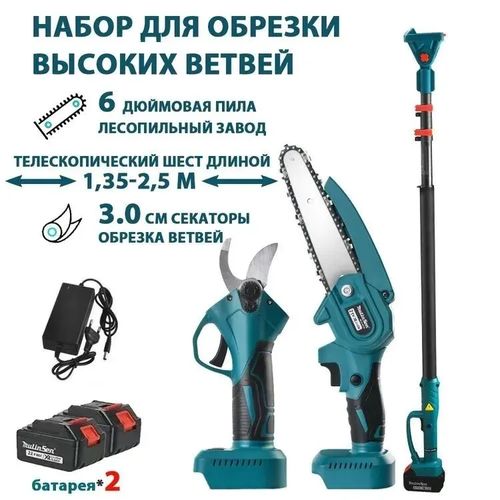Набор садовых инструментов. Электро пила + электрический секатор для обрезки, с телескопической штангой(удлинитель) длиной 2.5 м, 2 акб Набор садовых инструментов. Электро пила + электрический секатор для обрезки, с телескопической штангой(удлинитель) длиной 2.5 м, 2 акб