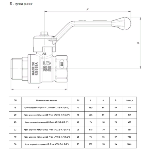 Кран шаровый LD Pride 47.B-Н.Р муфтовый (ВР/НР), латунь 3 см 1 шт. Ду 32 (1 1/4") муфтовый (ВР/НР) Кран шаровый LD Pride 47.B-Н.Р муфтовый (ВР/НР), латунь 3 см 1 шт. Ду 32 (1 1/4") муфтовый (ВР/НР)