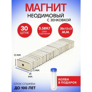 Неодимовые магниты 25х12х3 мм с зенковкой 3,5/7, 30 шт Неодимовые магниты 25х12х3 мм с зенковкой 3,5/7, 30 шт