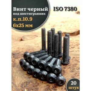 Винт чёрный 6х25 ISO 7380 под шестигранник к. п.10.9, 20 шт.