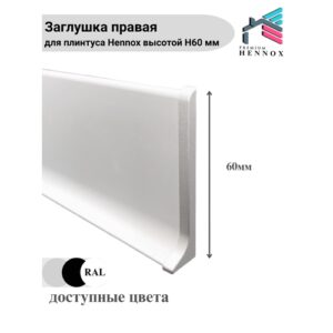 Заглушка правая, алюминиевая для плинтуса H60, 1 шт, Анодированное серебро (матовый)